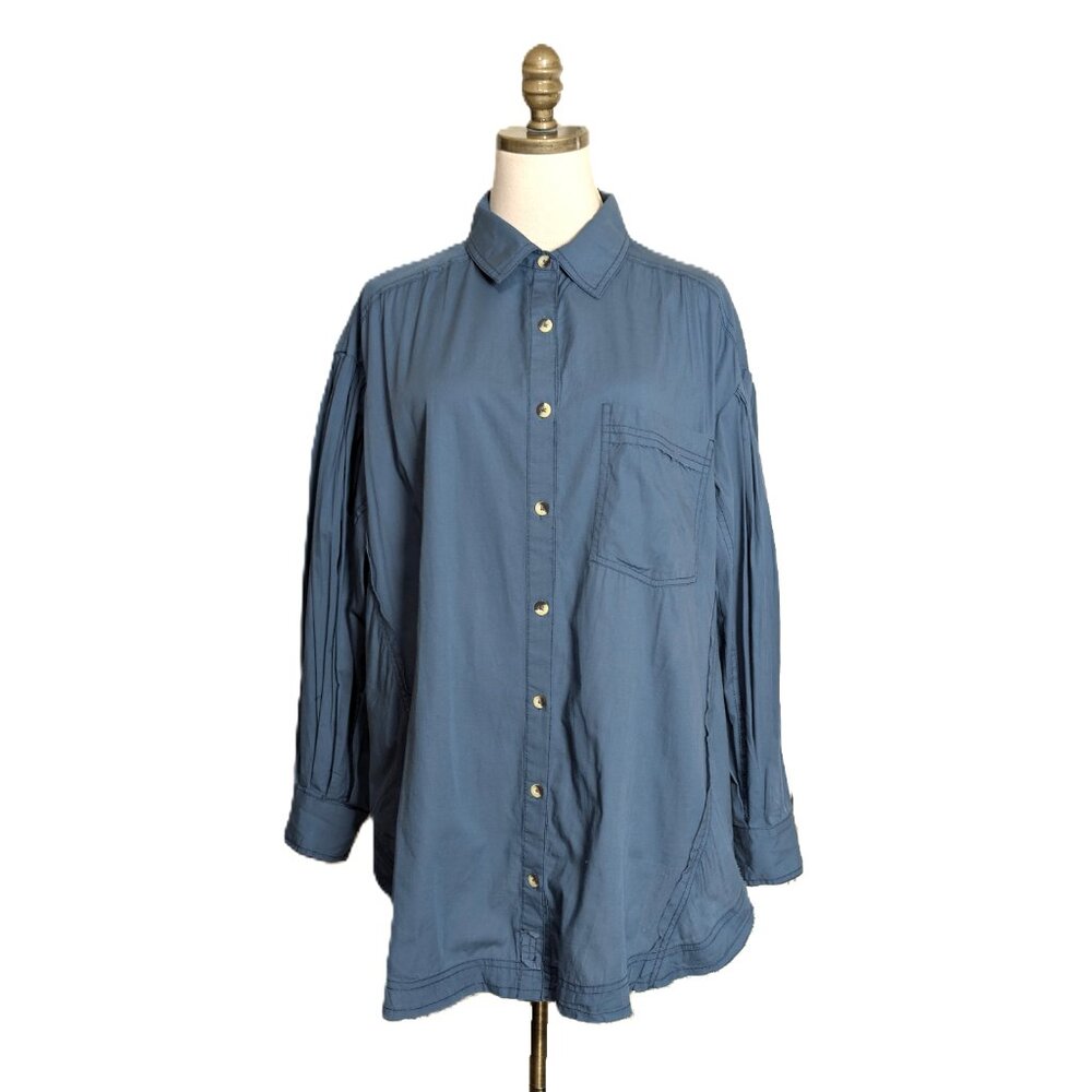 NWT We the Free Button-Down Shirt Women's Size M Blue Pleated Balloon Sleeve